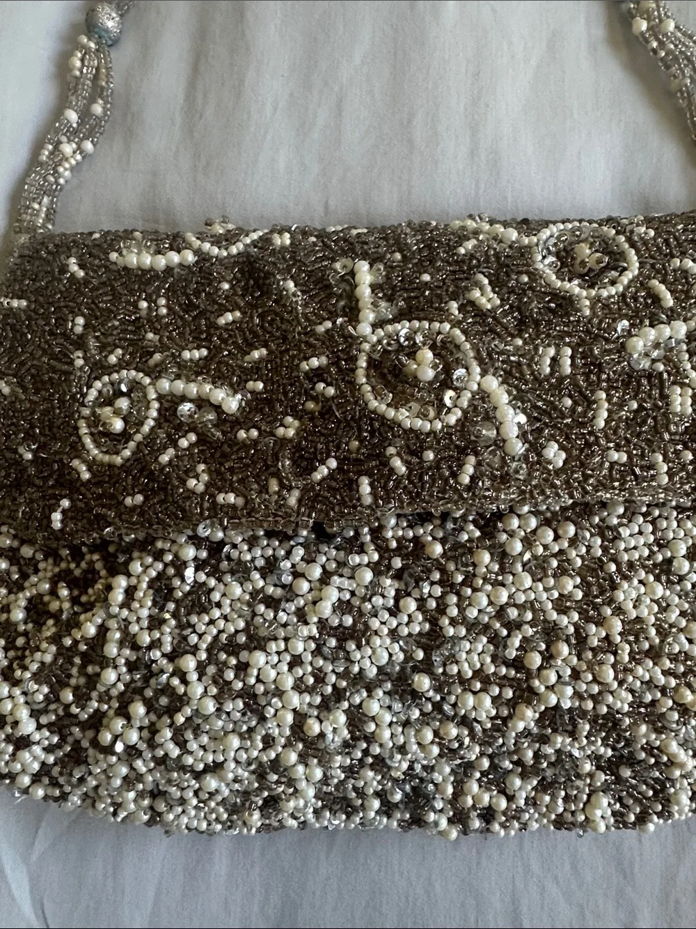 Pearl Beaded Evening Clutch Bag - Cream/Gold